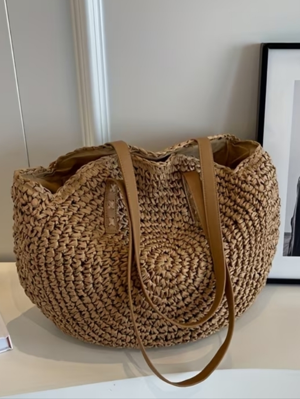 Woven Straw Tote Bag with Tan Leather Straps